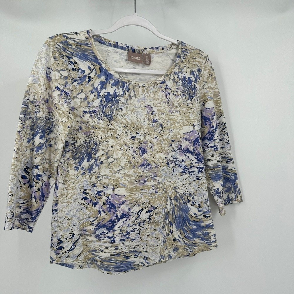Chicos Womens Art To Wear Abstract Print Top Size 0 US S Travel Earth Tones Mod